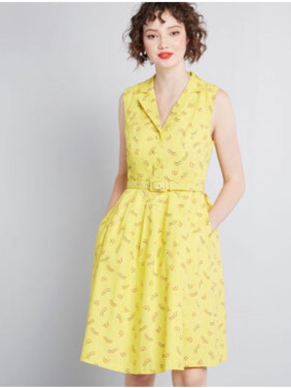 Modcloth Yellow Sleeveless Belted A-Line Midi Dress